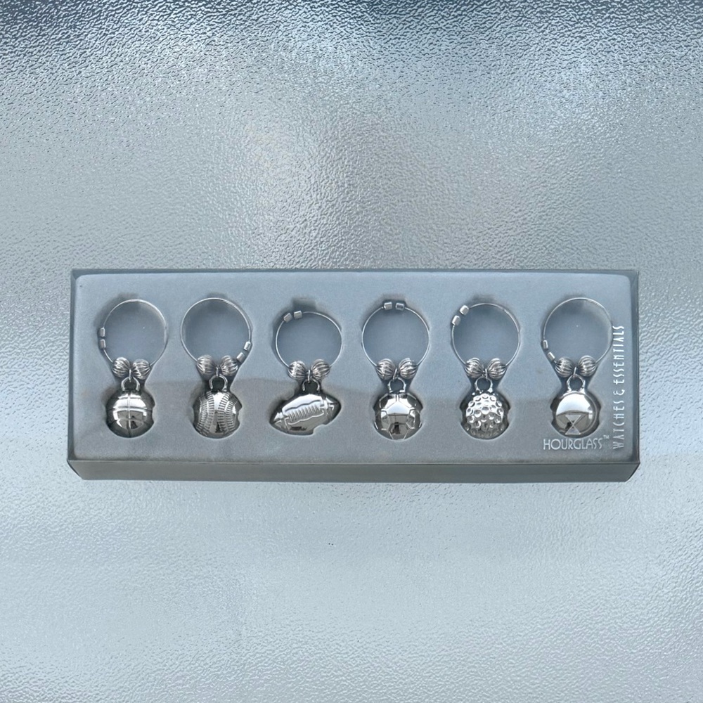 Sports Balls Themed Silver-Tone Metal Wine Charms ~ Set of 6